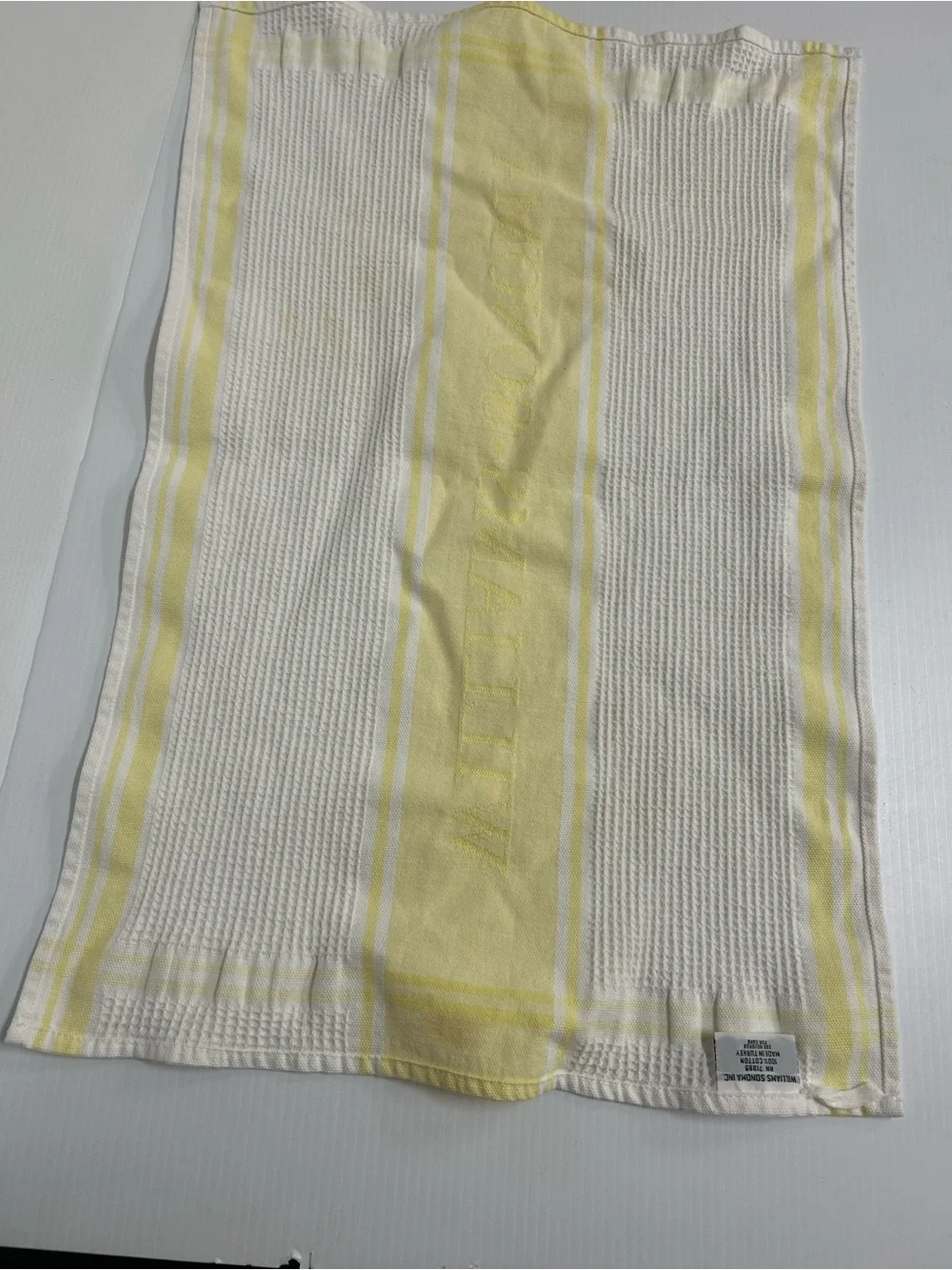 Williams Sonoma Classic Waffle Dish Towel Yellow on White Spellout- EUC